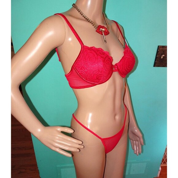 Vintage Vassarette Red Push Up Bra 34 C embroidery fishnet original tags - Picture 3 of 6